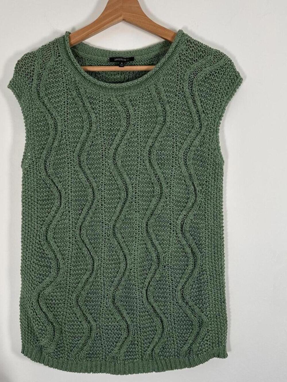 Lafayette 148 New York‎ Green Textured Knit Top M Cap Sleeve Cotton Blend